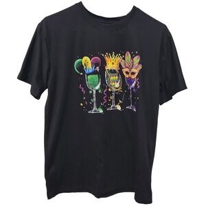 Black Mardi Gras T Shirt Graphic Print Wine Glasses Crown Mask Beads XL